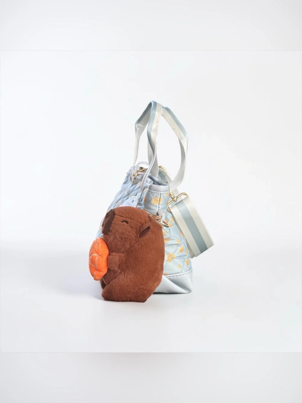 Kids Quilted Light Blue Crossbody Mini Tote with Capybara Plush Charm